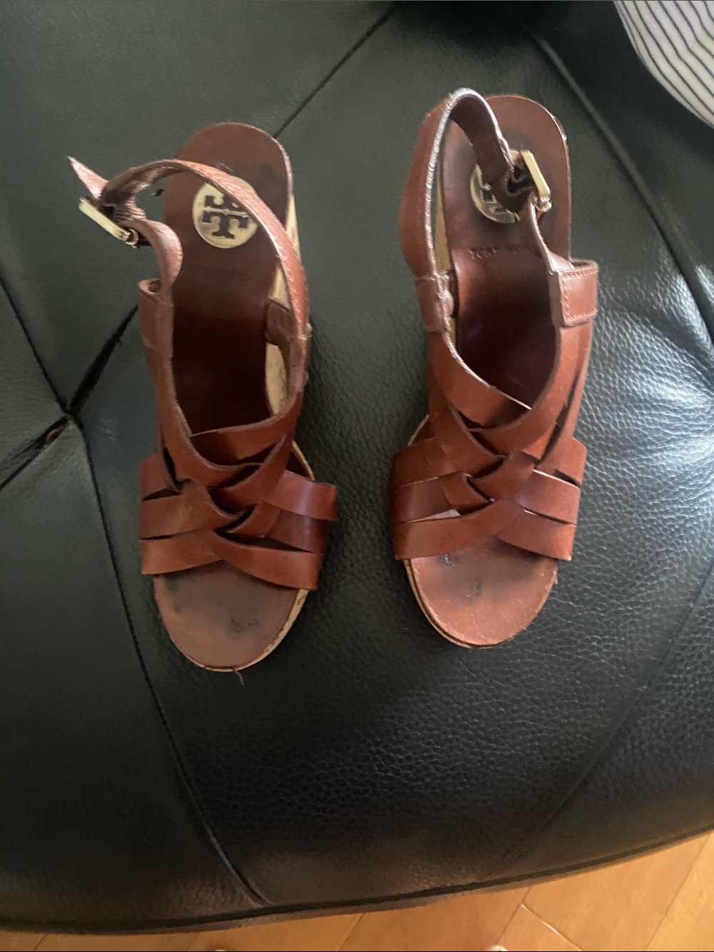 Tory Burch Brown Leather Woven Slingback Sandals with Gold Buckle